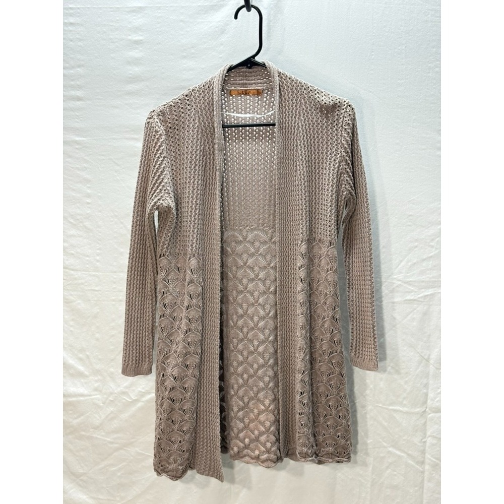 Belladini Crochet Cardigan Open Front Lace Knit Boho Longline Neutral L Cottage